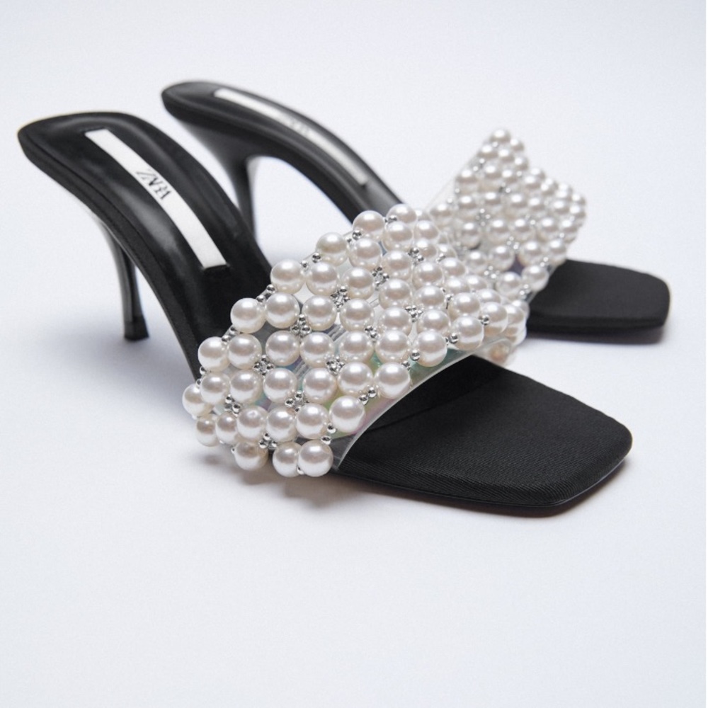 Zara Pearl Detail Square Toe Heel Sandals Size 9/40 - Picture 3 of 7